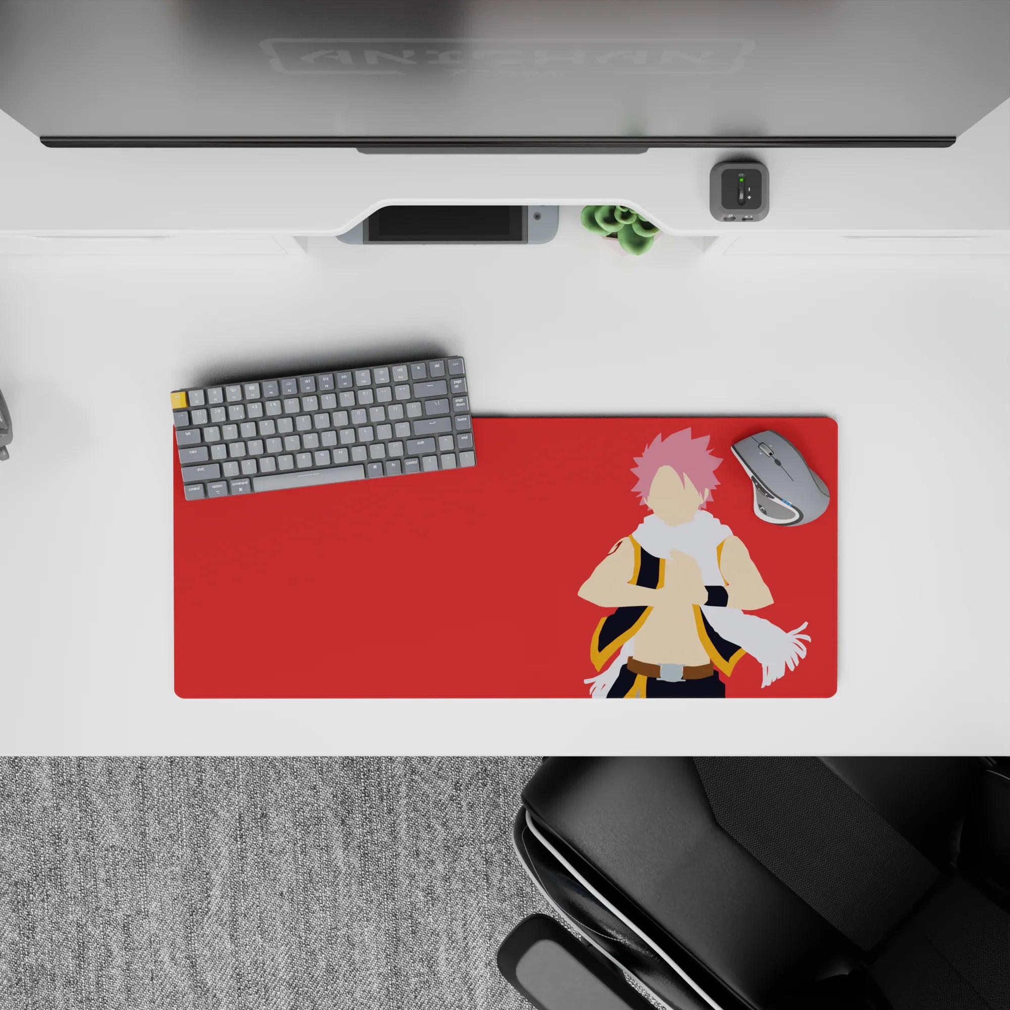 Vivid red Fire Dragon vibe anime mouse pad 28x12 inches, clean lines, high-contrast modern fandom art.