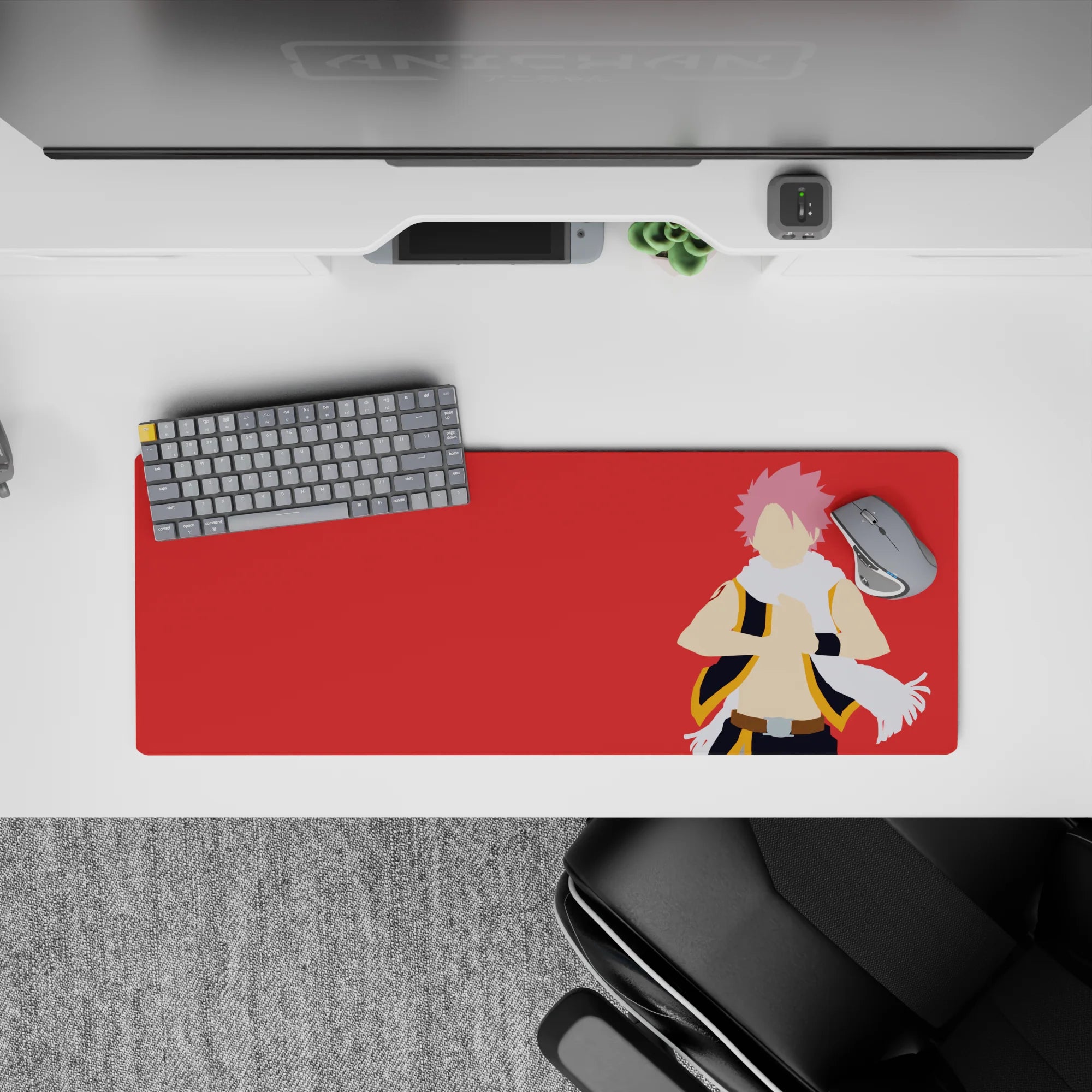 32x12 inches anime mouse pad with vivid red background and fiery vibe, clean graphic lines and attitude.