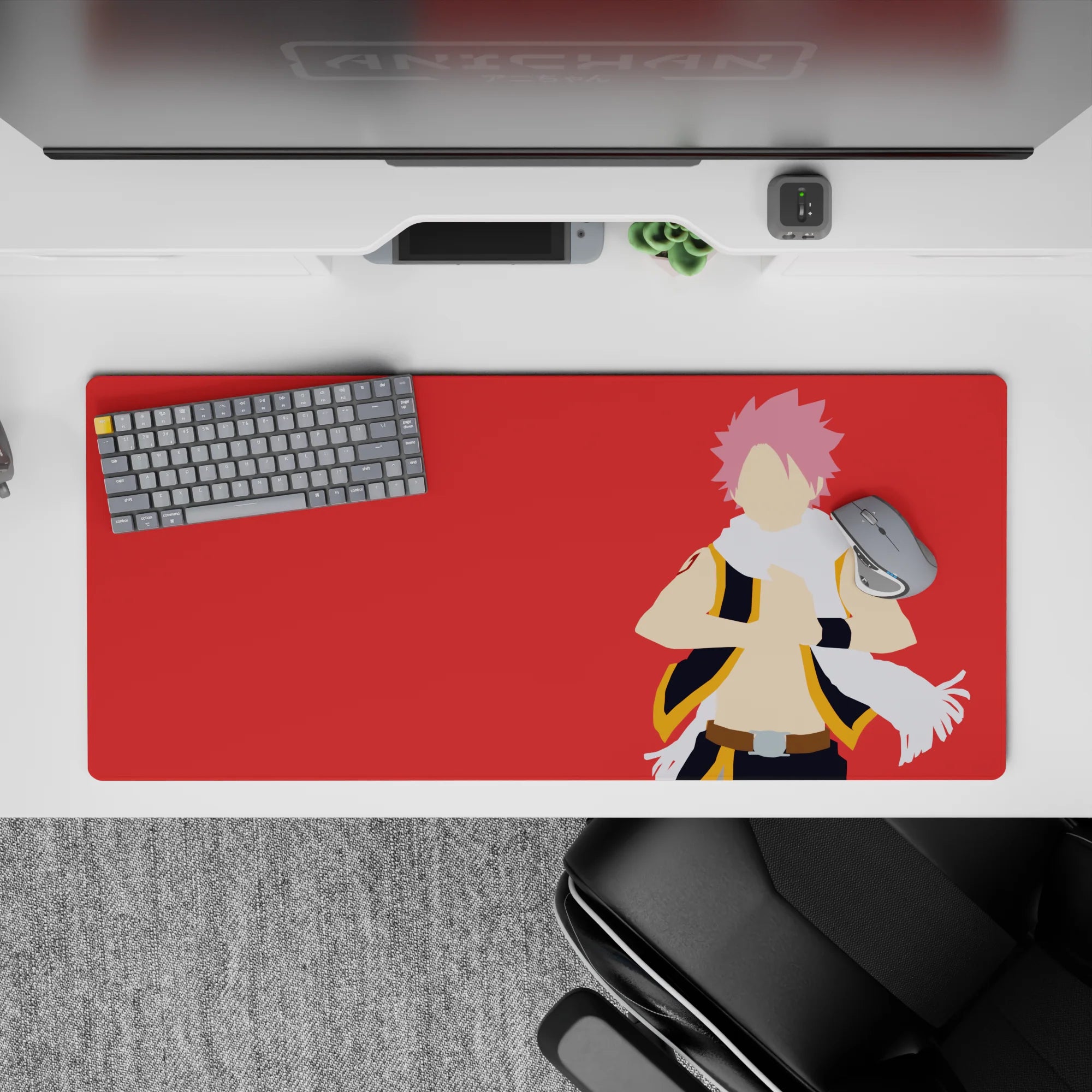 36x16 inches anime desk pad in vivid red with fiery attitude, sharp black-and-gold accents, high-impact look.