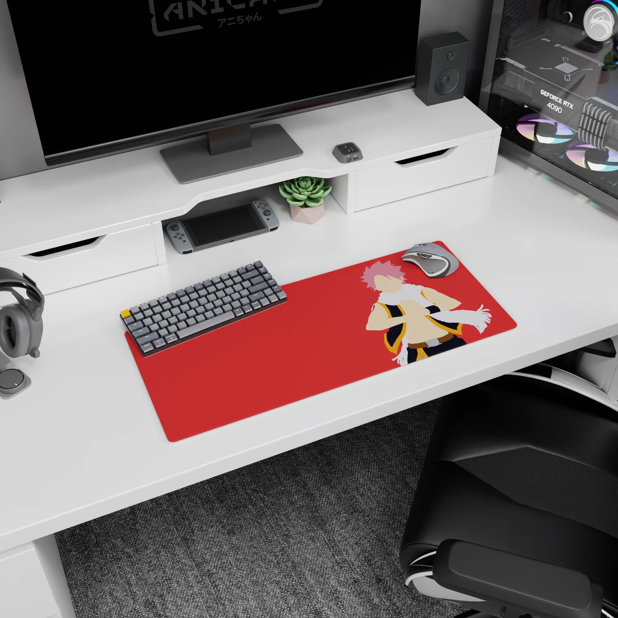 Natsu Dragneel on anime mouse pad 28x12 inches, white scarf flowing, black vest, fiery red background.