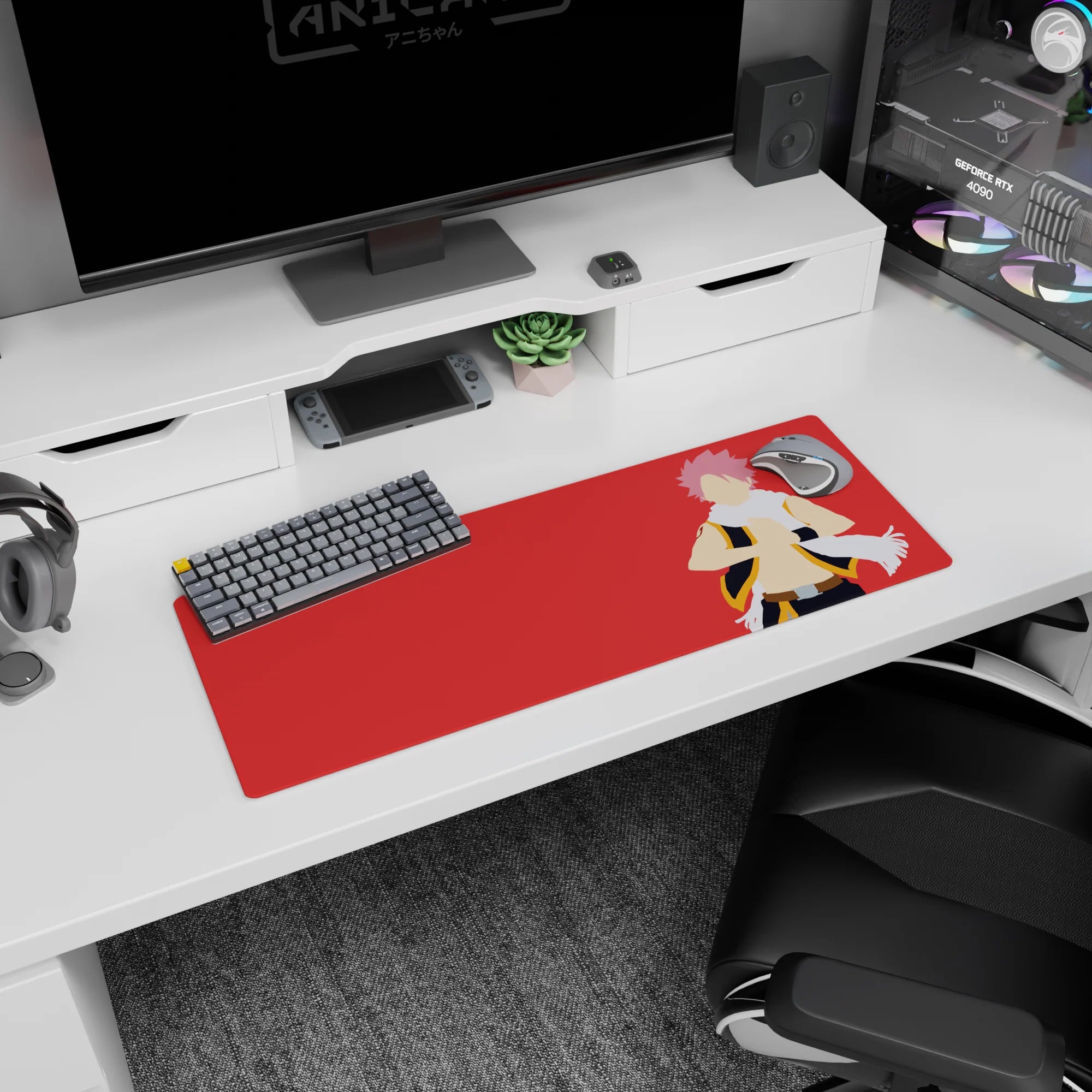 32x12 inches anime mouse pad showing Natsu Dragneel posing with white scarf whipping on a red backdrop.