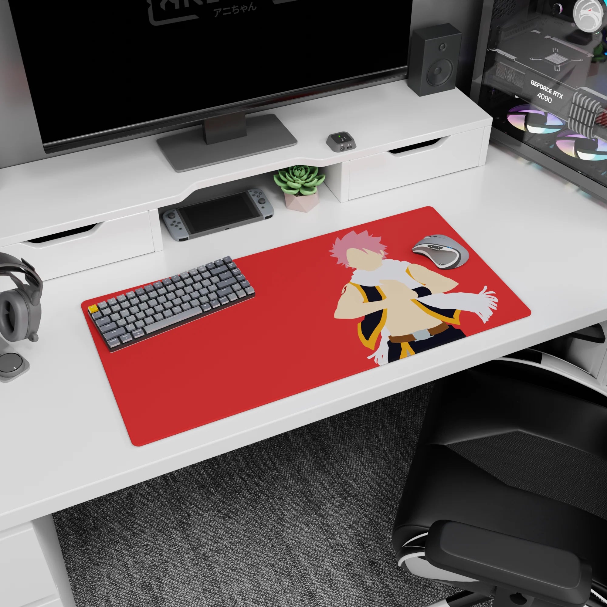 Natsu Dragneel in black vest and white scarf on anime mouse pad 32x16 inches, dynamic desk scene.