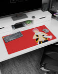 Natsu Dragneel in black vest and white scarf on anime mouse pad 32x16 inches, dynamic desk scene.