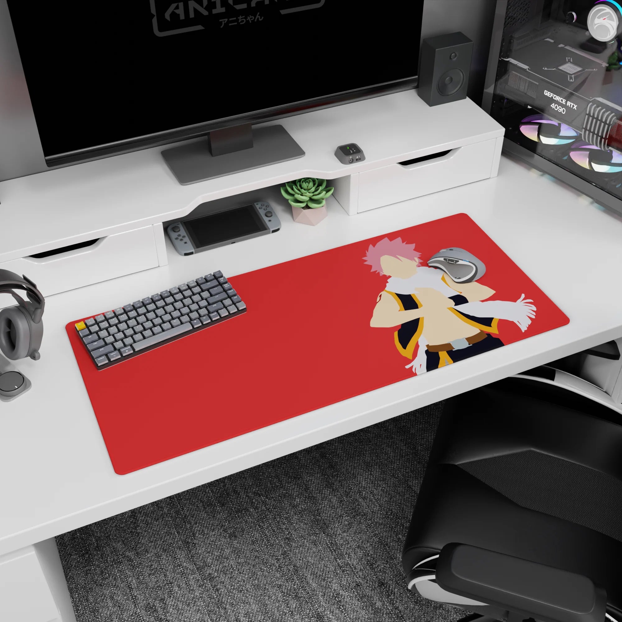 36x16 inches anime desk pad featuring Natsu Dragneel with white scarf, open vest, standing on red background.