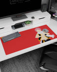 36x16 inches anime desk pad featuring Natsu Dragneel with white scarf, open vest, standing on red background.