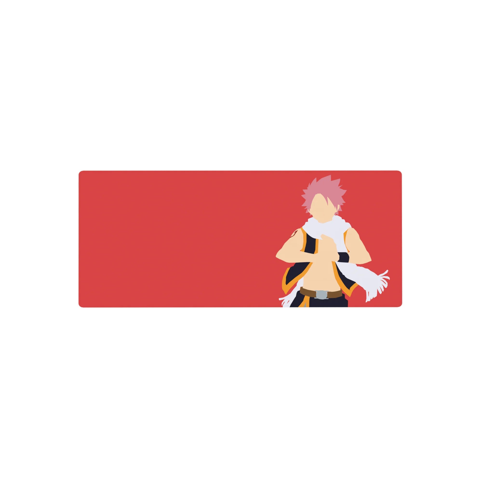 Bold graphic anime mouse pad 28x12 inches with Natsu silhouette, red backdrop, scarf and gold-trim vest.