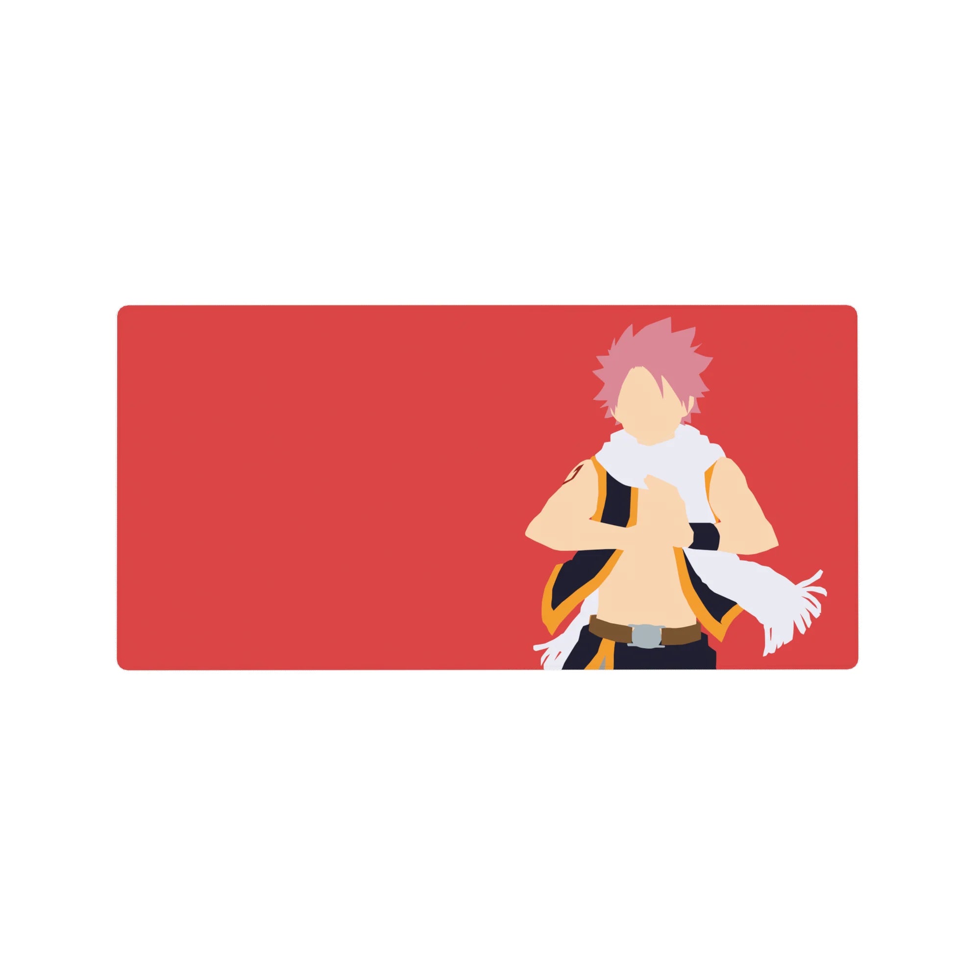 Bold minimalist Natsu Dragneel anime mouse pad 32x16 inches with red backdrop and gold-trim vest.
