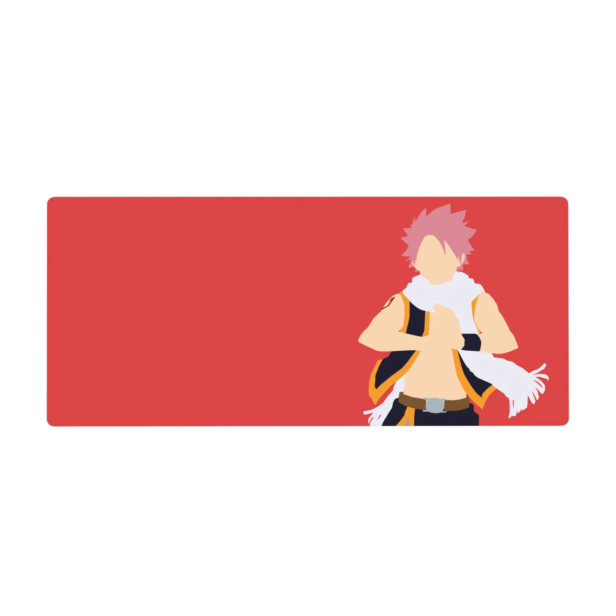 36x16 inches anime desk pad with bold Natsu graphic, red backdrop, clean lines, modern fandom style.