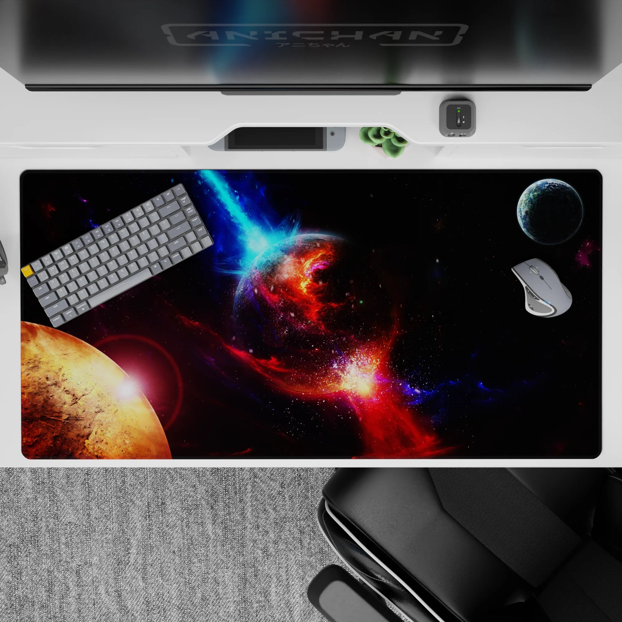 Inky black sky desk pad 40x20 inches with electric blues and a fiery red burst, calm yet dramatic mood.