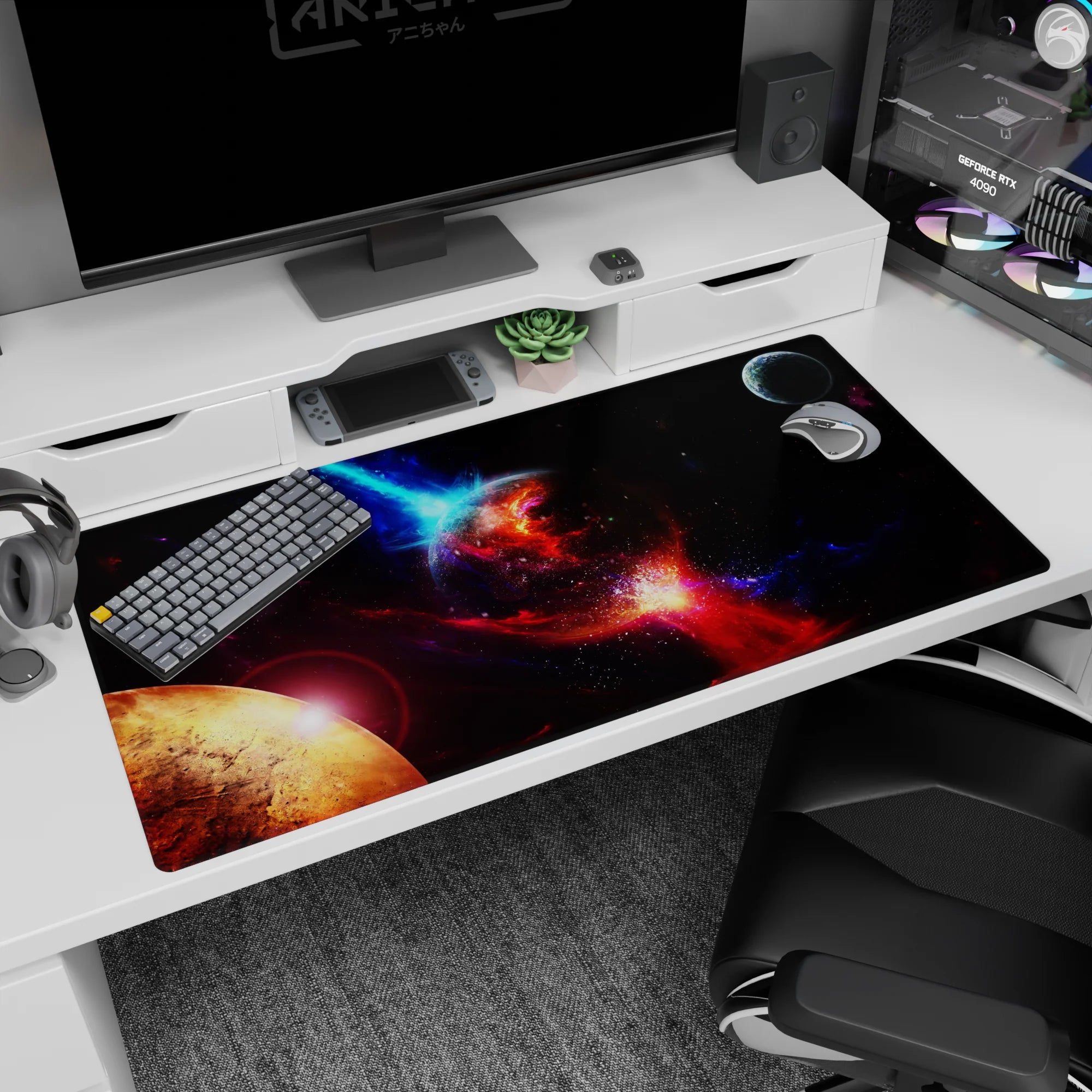 Planet wrapped in red cosmic flare desk pad 40x20 inches with endless tiny stars and drifting nebula haze.