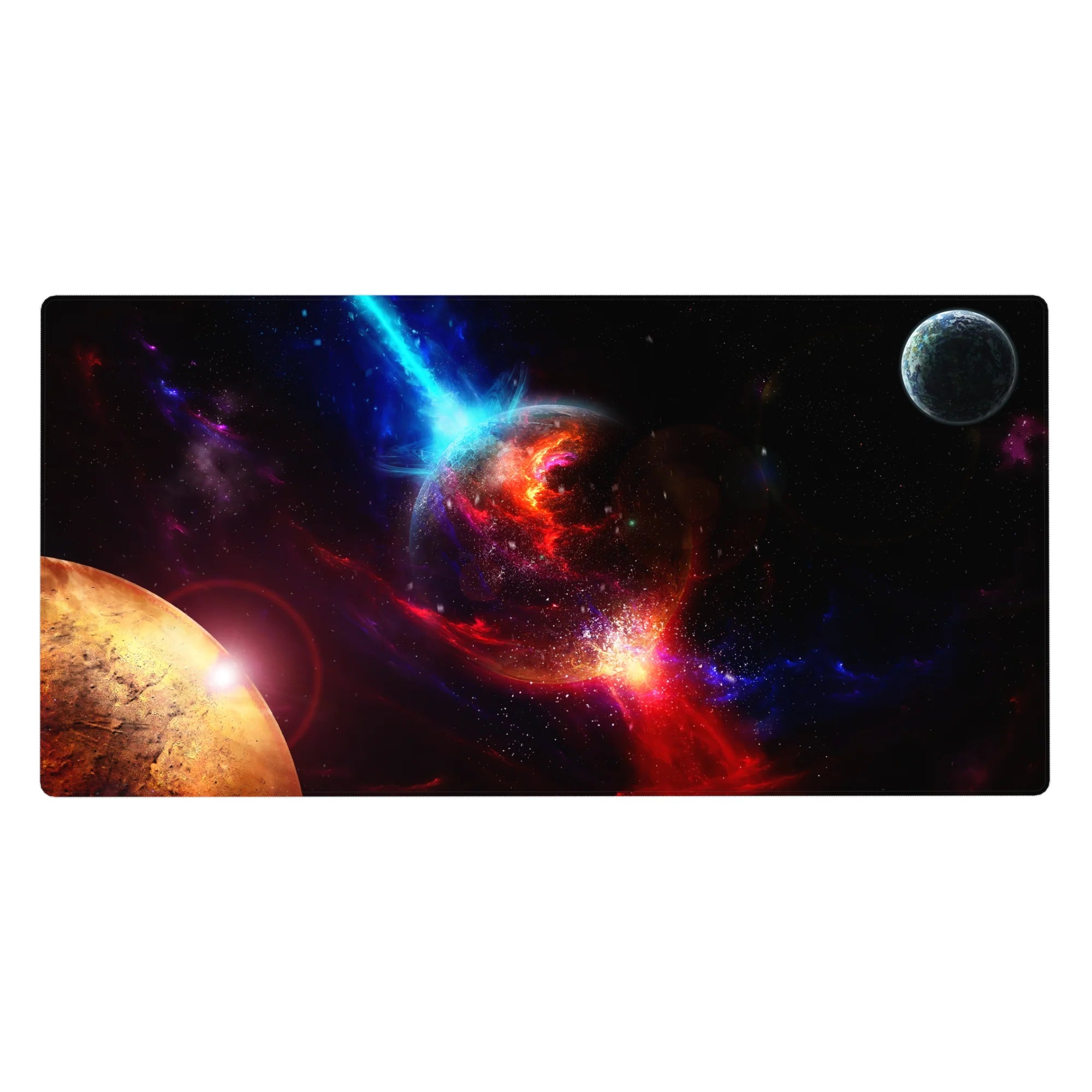Space nebula planet swirl desk pad 40x20 inches with stars and soft haze for smooth mouse tracking.