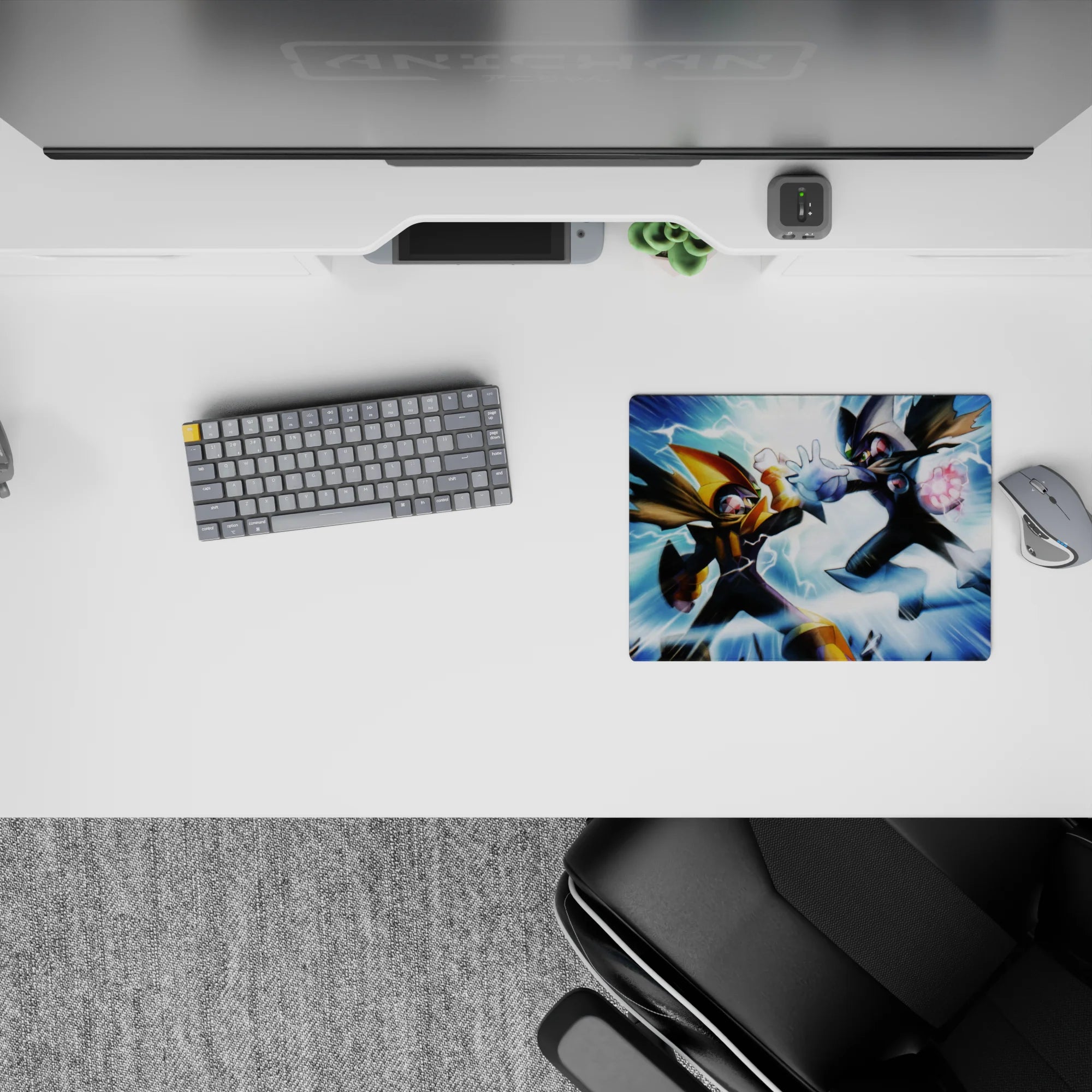 Classic anime mouse pad 14x10 inches in black, gold, silver, and electric blue battle energy.