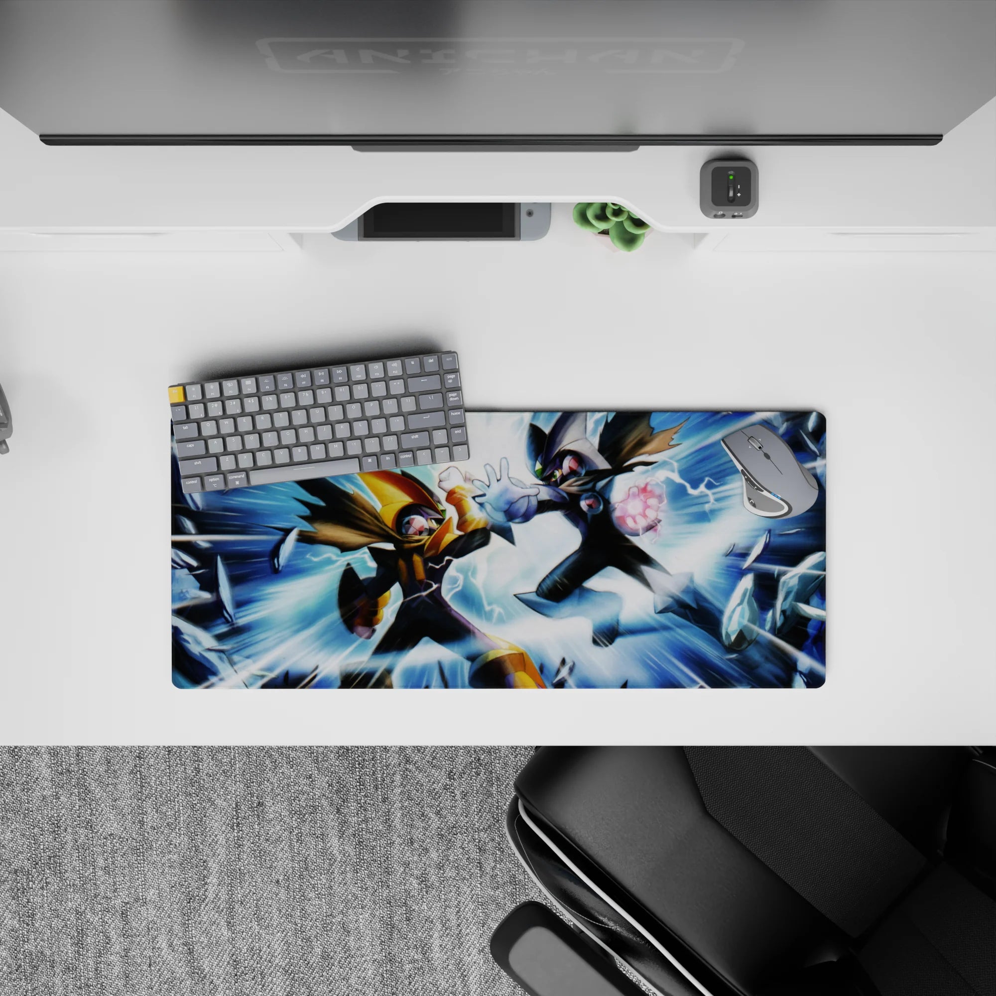 28x12 inches anime mouse pad with blue lightning, black and gold armor, and intense retro battle energy.