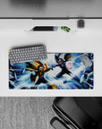 28x12 inches anime mouse pad with blue lightning, black and gold armor, and intense retro battle energy.