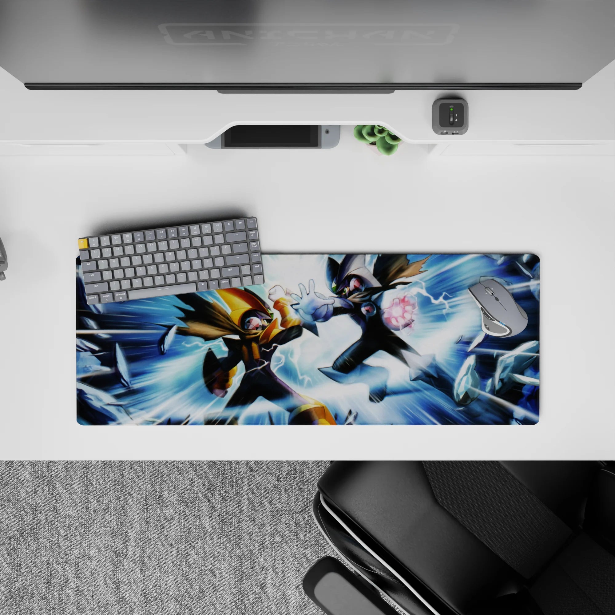 32x12 inches anime mouse pad in blue lightning with black, gold, and silver battle energy.