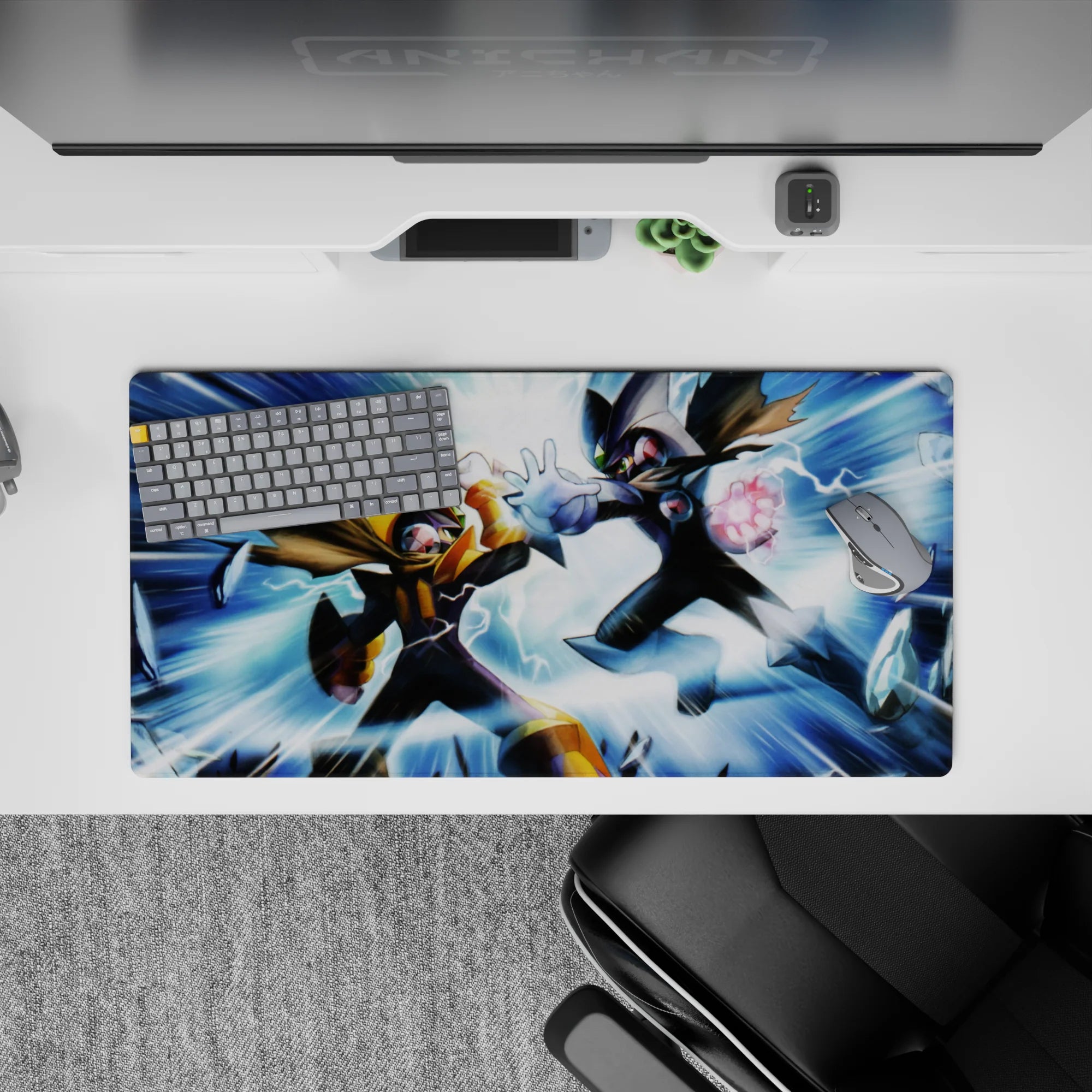 32x16 inches anime mouse pad in blue, black, gold, and silver with a charged retro battle mood.