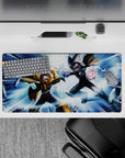 32x16 inches anime mouse pad in blue, black, gold, and silver with a charged retro battle mood.