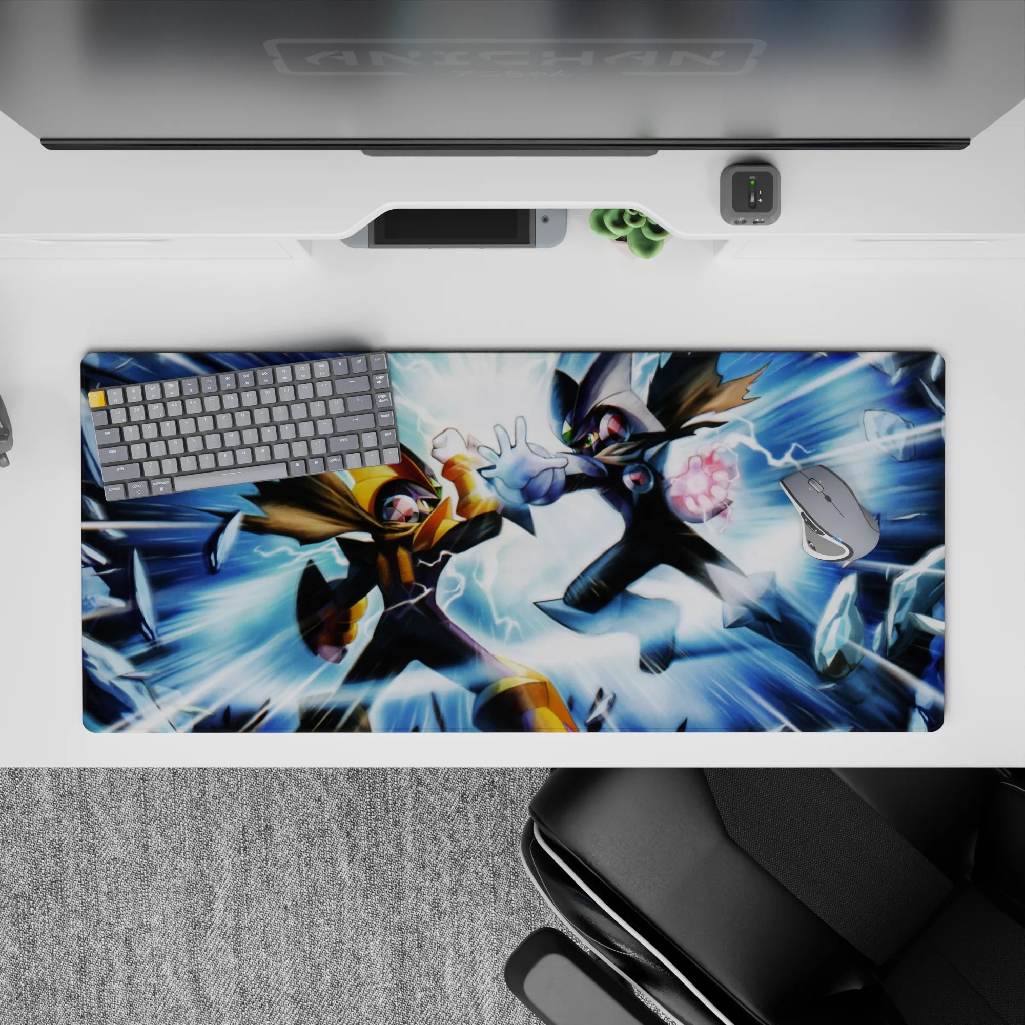 Blue lightning anime desk pad 36x16 inches with dark armor, glowing core, and high-energy mood.