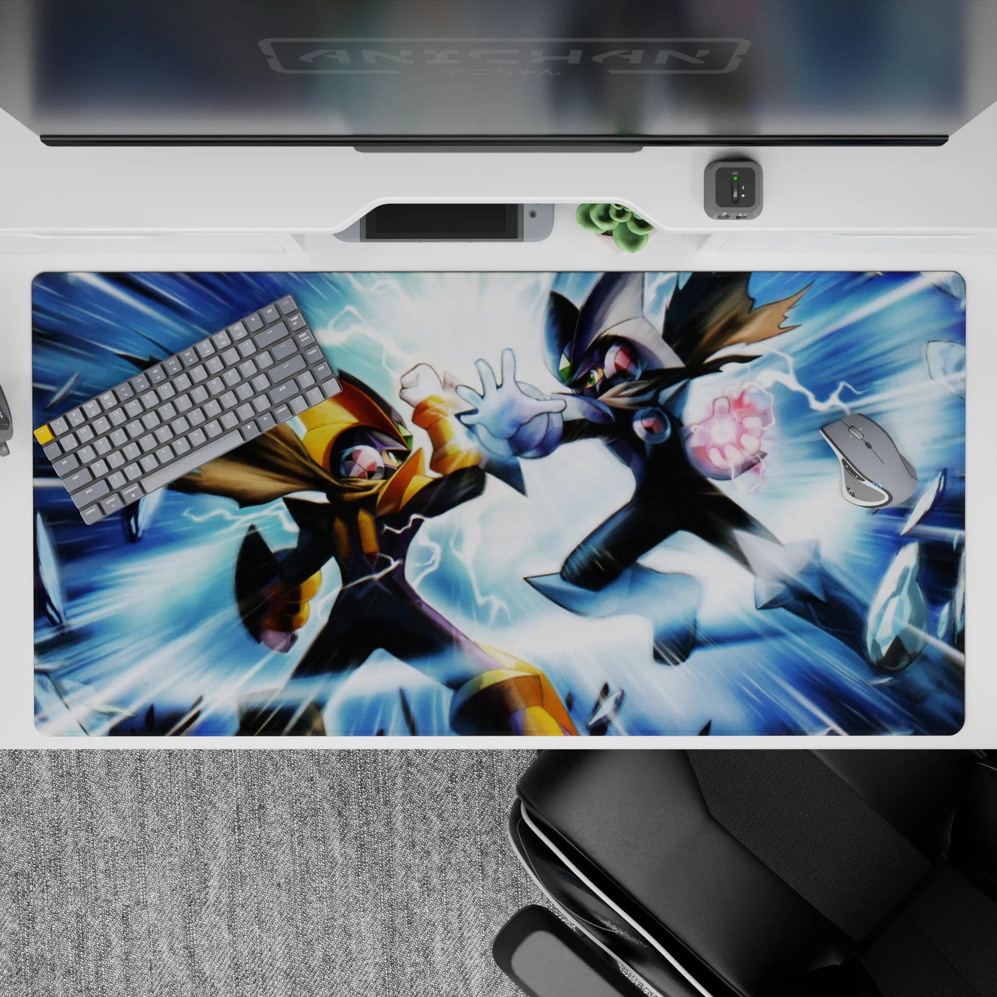 40x20 inches anime desk pad in blue, black, gold, and silver with a high-energy battle mood.
