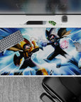 40x20 inches anime desk pad in blue, black, gold, and silver with a high-energy battle mood.