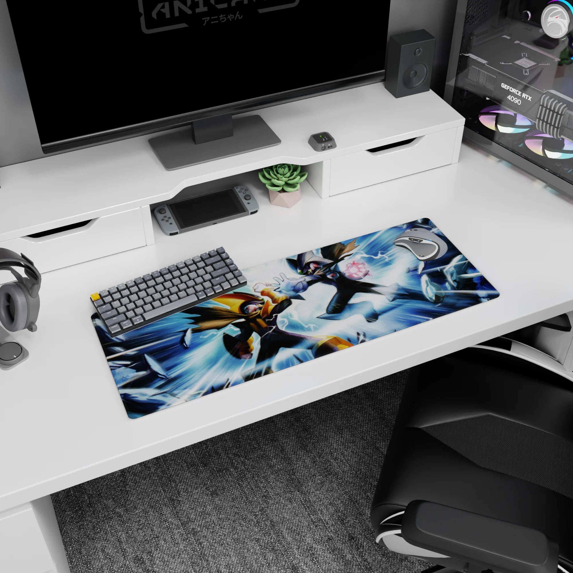 32x12 inches mouse pad featuring ProtoMan vs Dark ProtoMan in a high-impact retro anime scene.