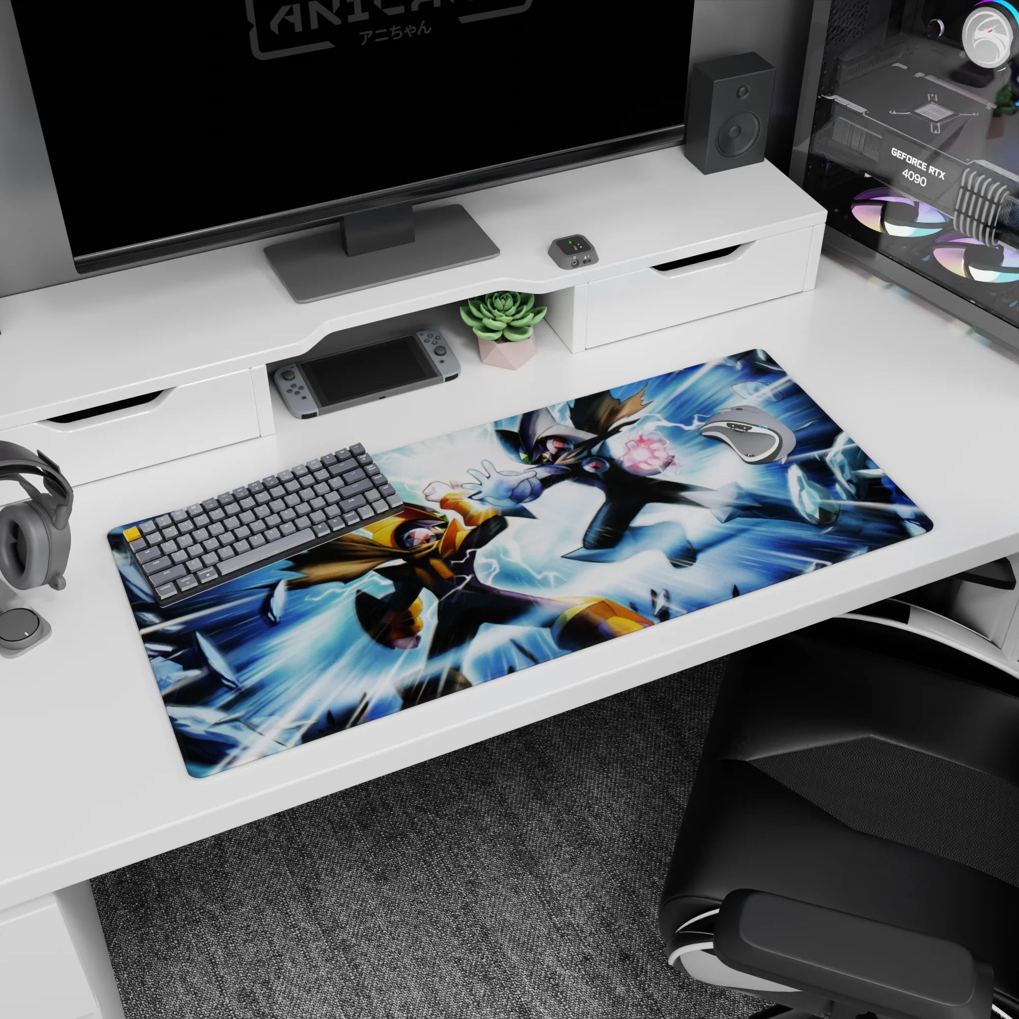 ProtoMan vs Dark ProtoMan anime desk pad 36x16 inches in a fast retro battle scene.