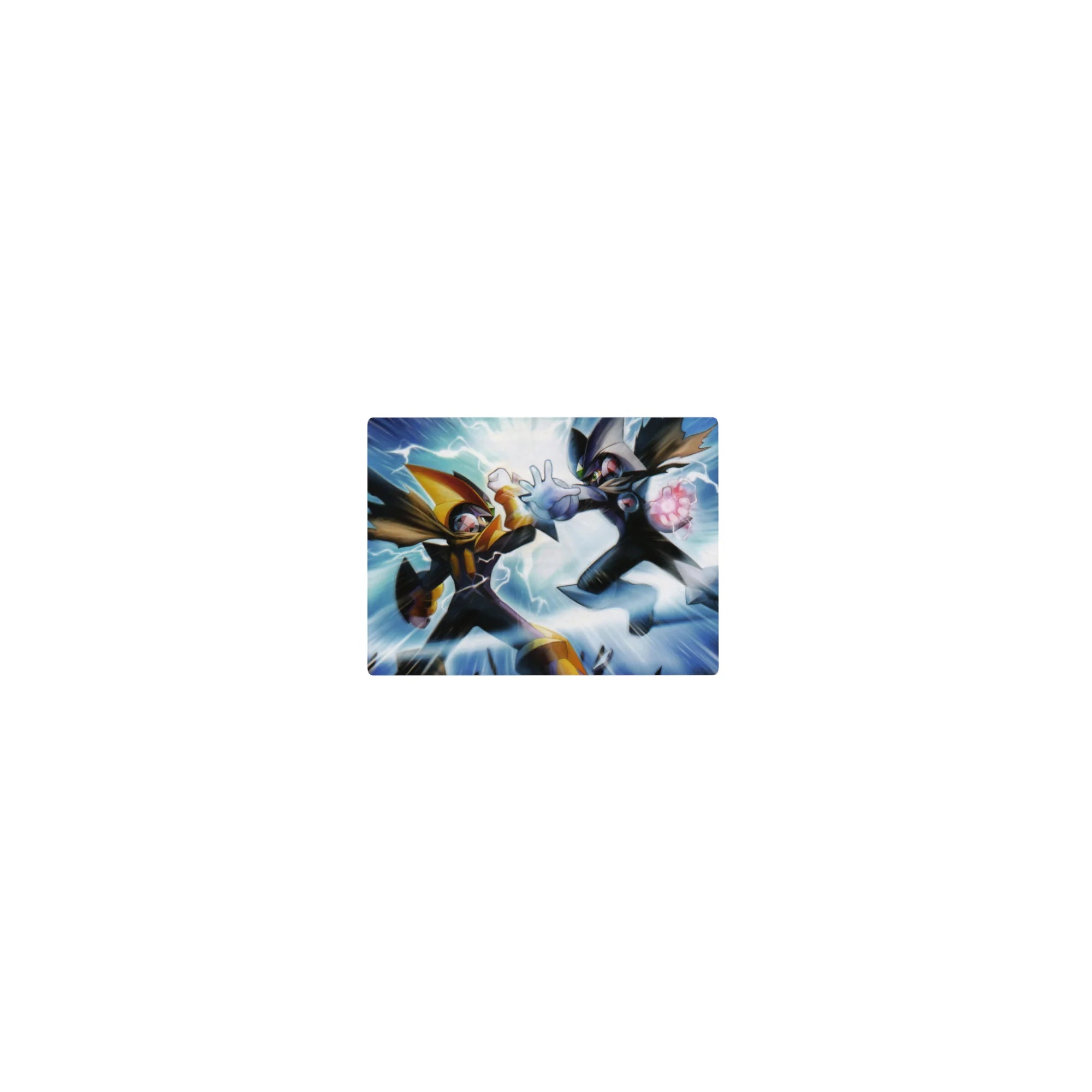 Classic anime mouse pad 14x10 inches with ProtoMan and Dark ProtoMan clashing in blue lightning.