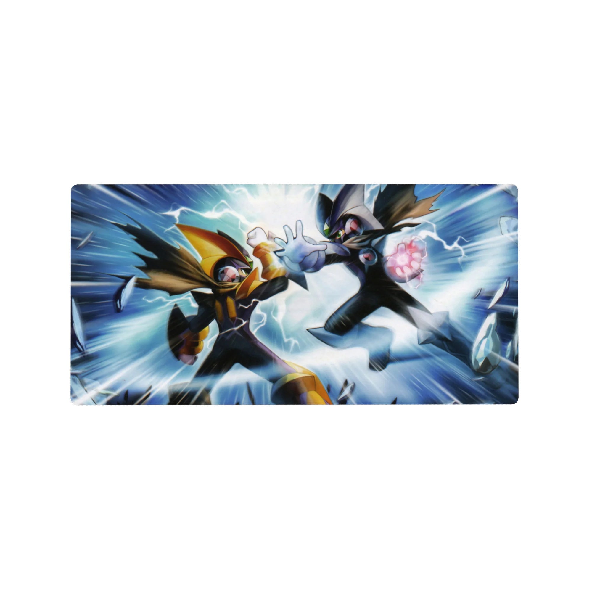 32x16 inches anime mouse pad with ProtoMan and Dark ProtoMan clashing in blue lightning.