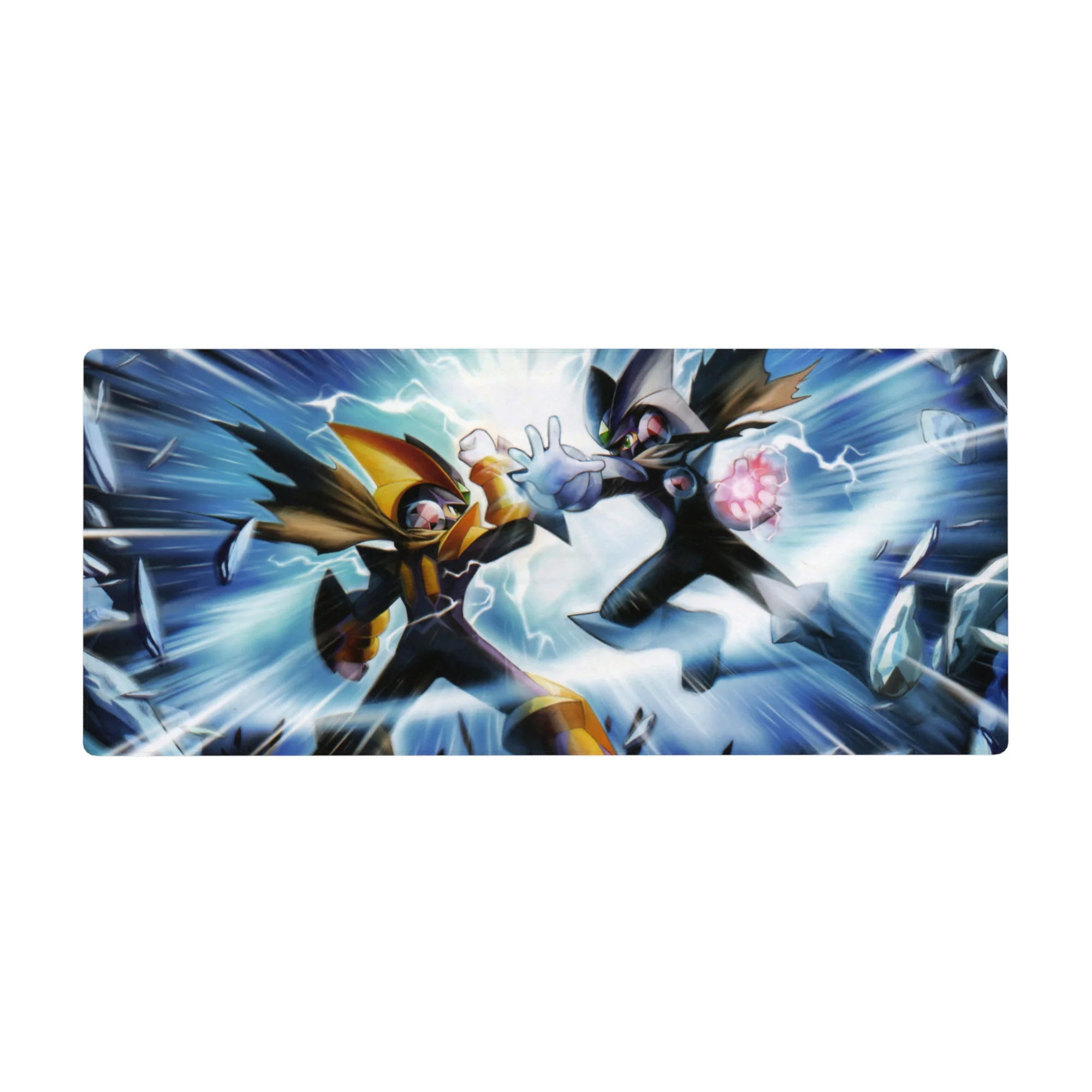 Mega Man Battle Network anime desk pad 36x16 inches with ProtoMan clash and shattered crystal scene.