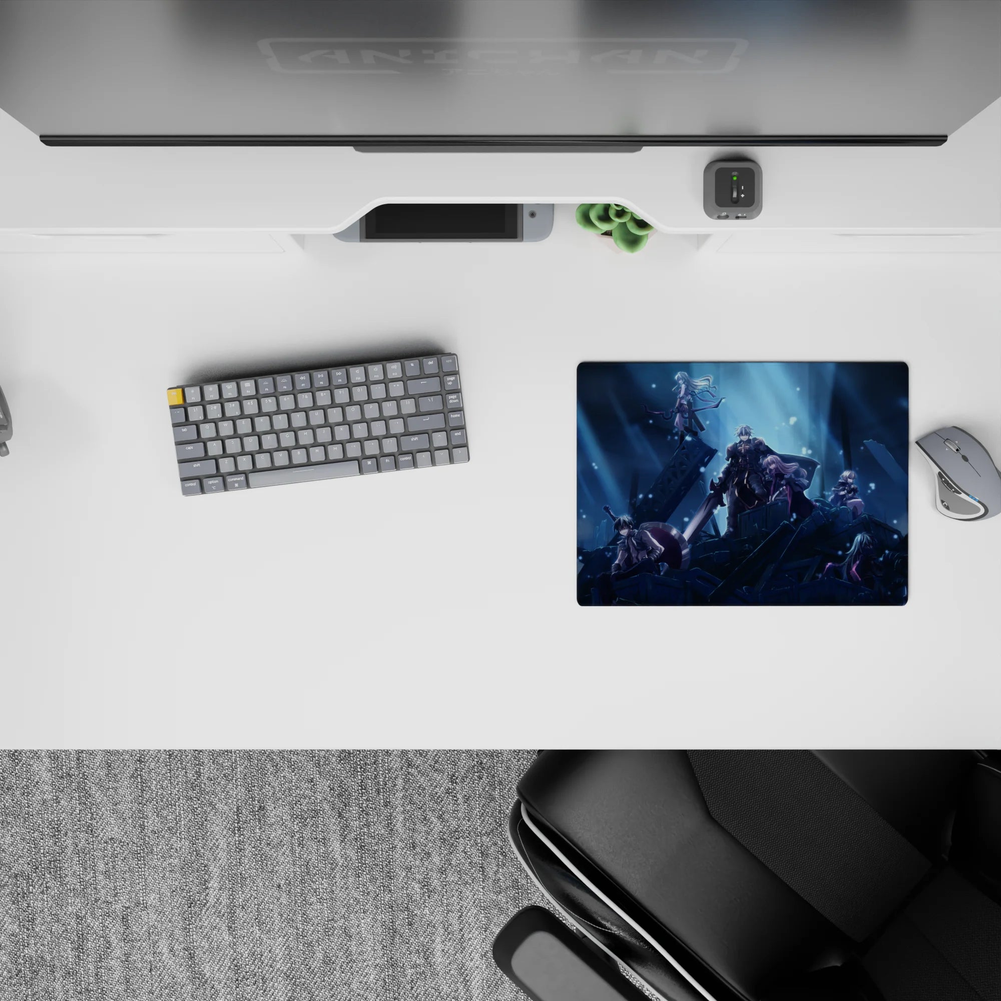 Moody blue-lit anime mouse pad 14x10 inches with cold spotlights, deep shadows, and snowlike sparks.