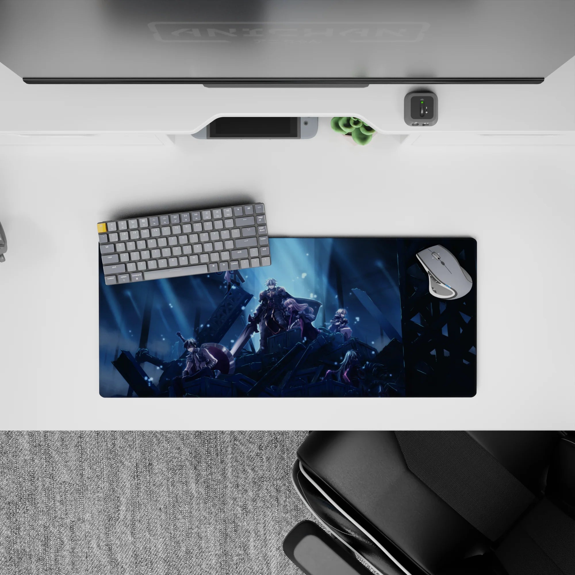 28x12 inches anime mouse pad in cold blue spotlight tones, deep shadows, drifting spark-snow, moody vibe.
