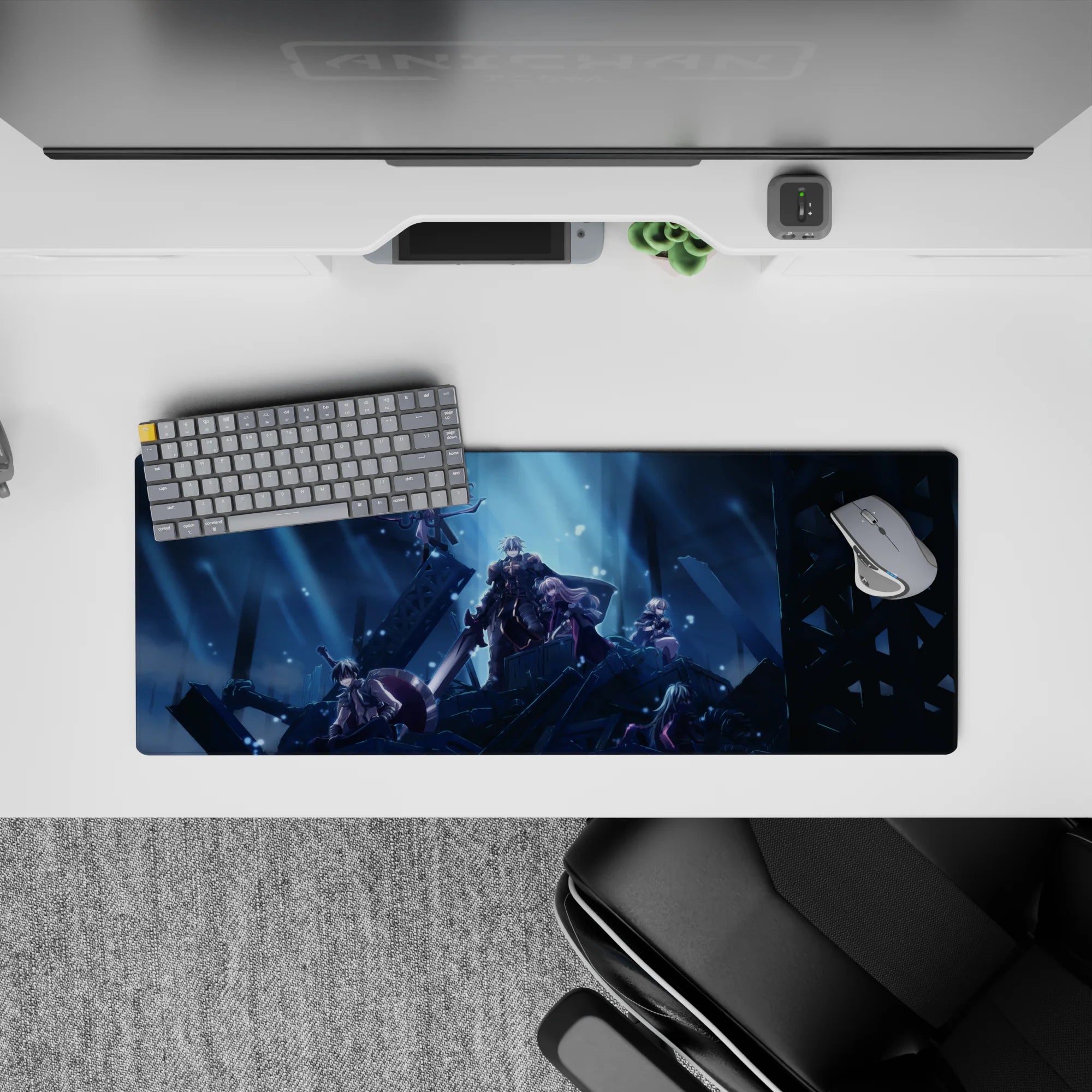 Anime mouse pad 32x12 inches in cold blue spotlight tones, deep shadows, drifting spark like snow.