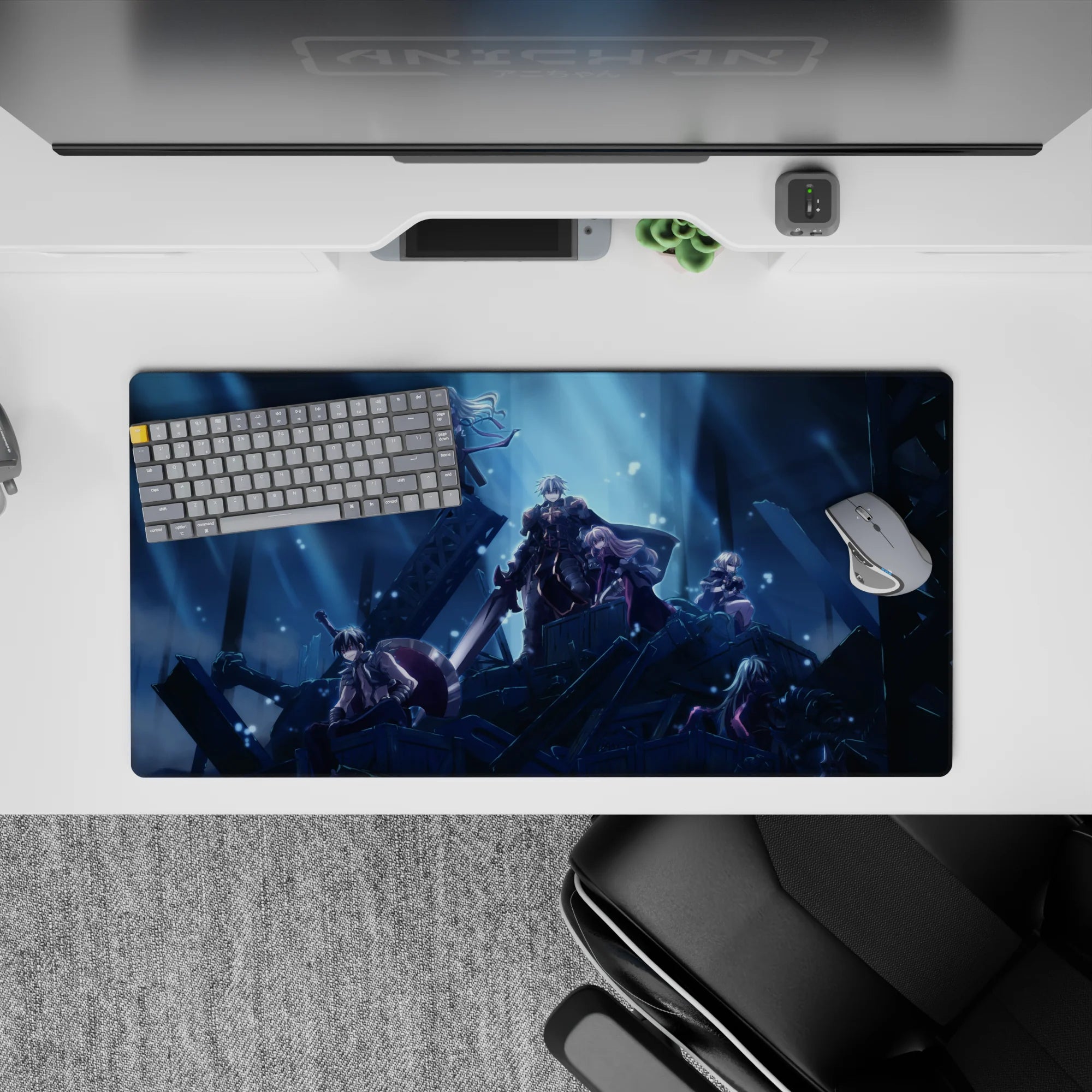 32x16 inches anime mouse pad in cold blue tones, deep shadow gradients, drifting spark snow, cinematic mood.