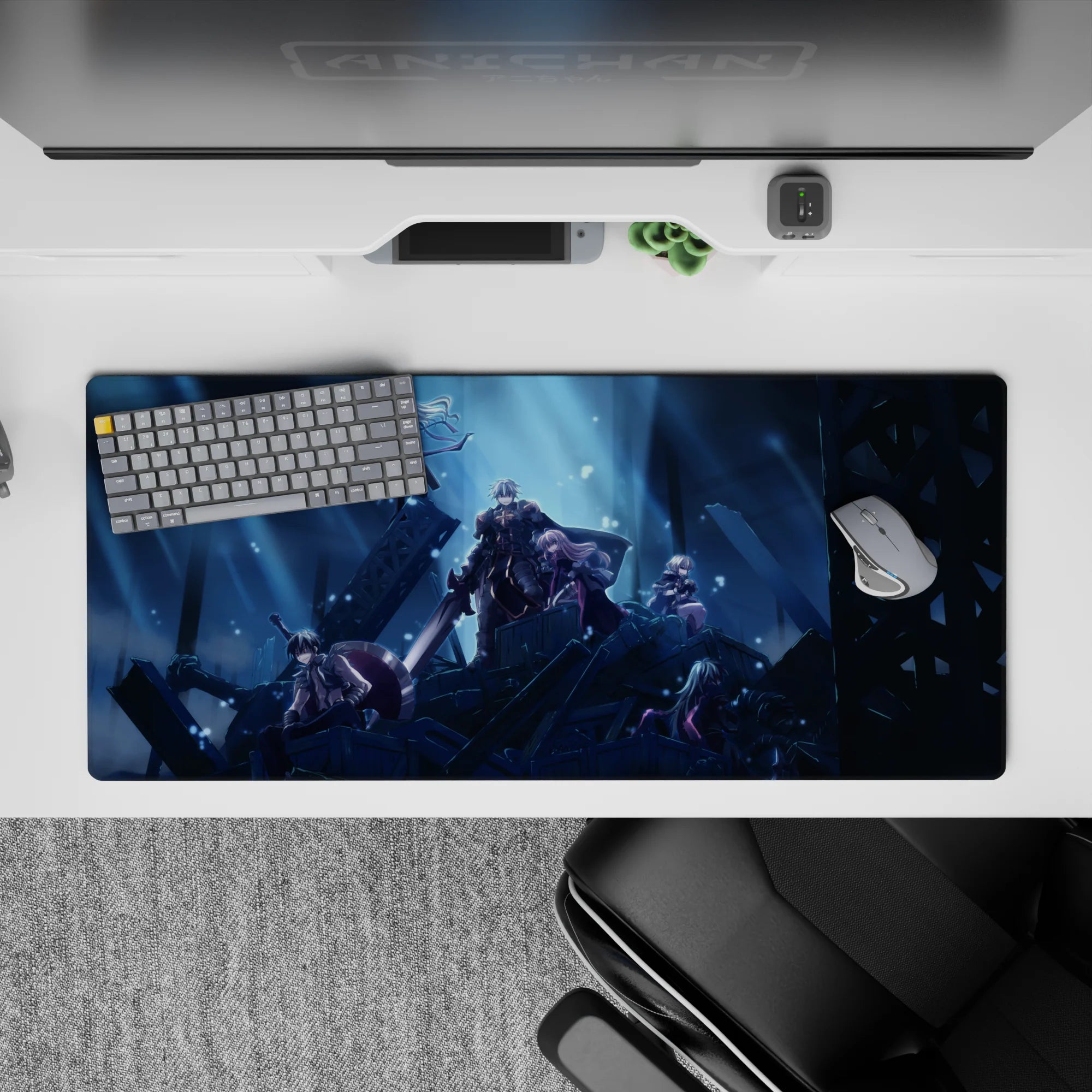 Moody 36x16 inches anime desk pad in cold blue spotlight glow, deep shadows, drifting spark snow.