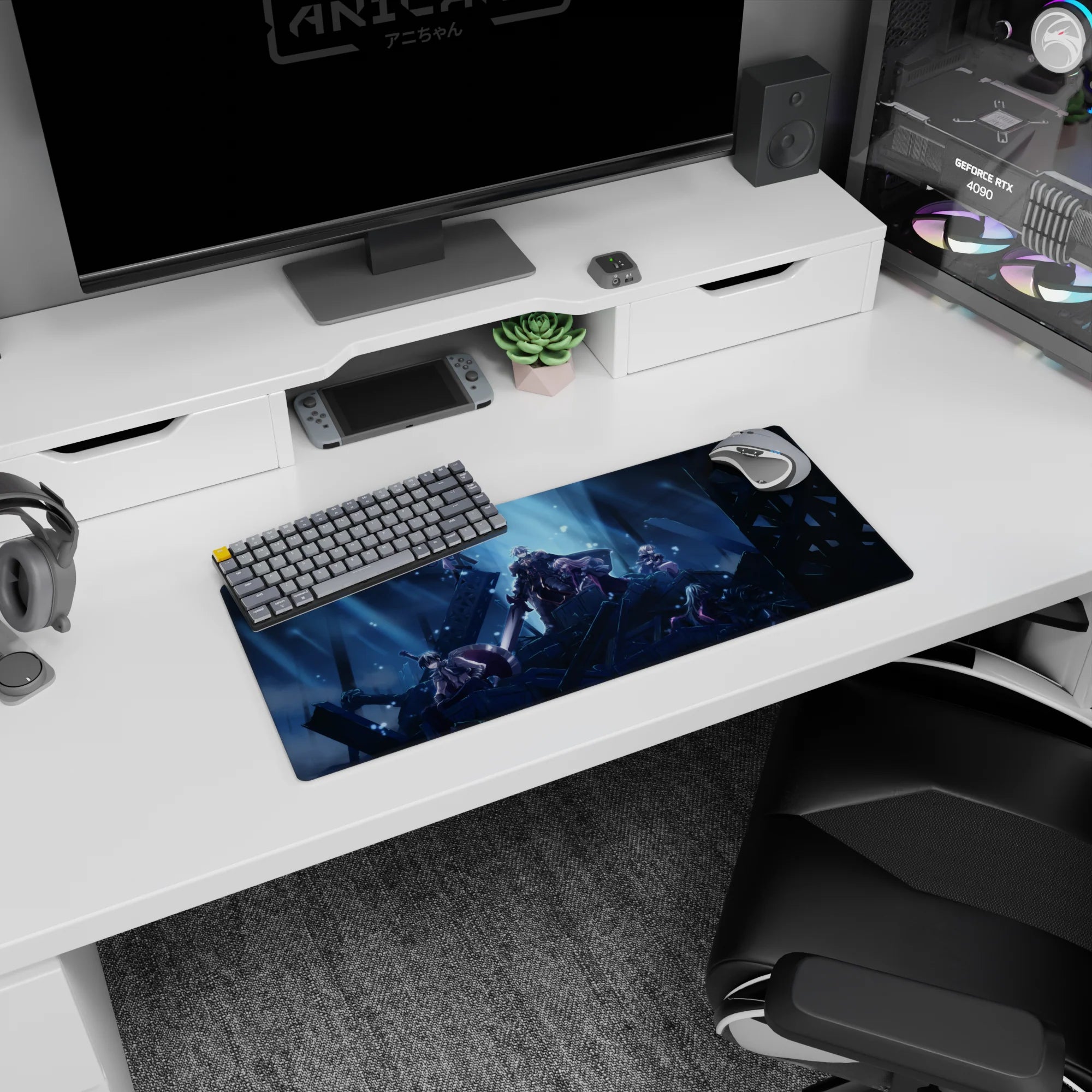 28x12 inches anime mouse pad featuring silver-haired warrior with massive sword, team flanking on jagged ruins.