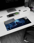 28x12 inches anime mouse pad featuring silver-haired warrior with massive sword, team flanking on jagged ruins.