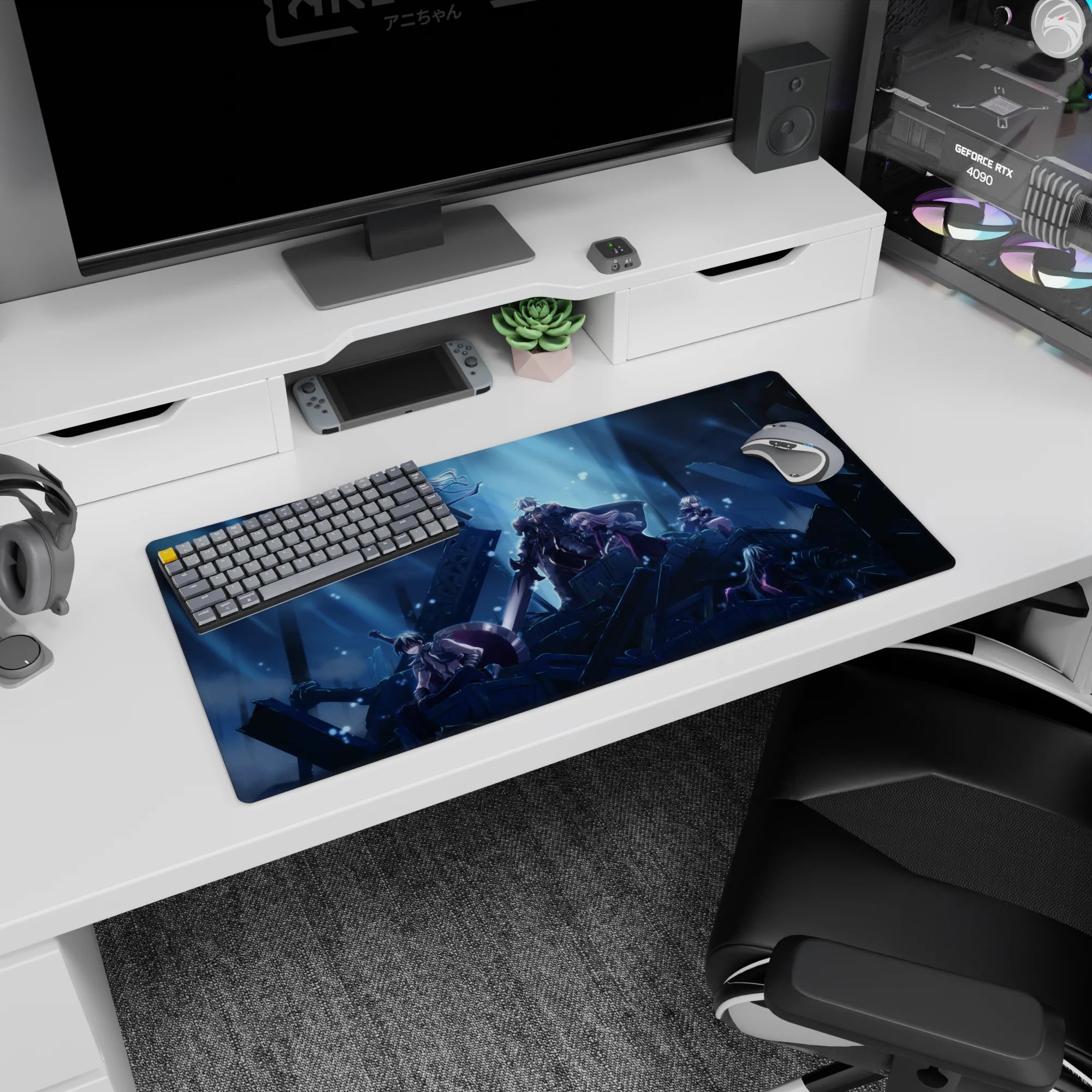 32x16 inches anime mouse pad featuring silver-haired warrior with massive blade, team flanking on jagged rubble.