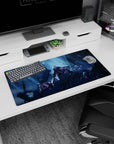 32x16 inches anime mouse pad featuring silver-haired warrior with massive blade, team flanking on jagged rubble.