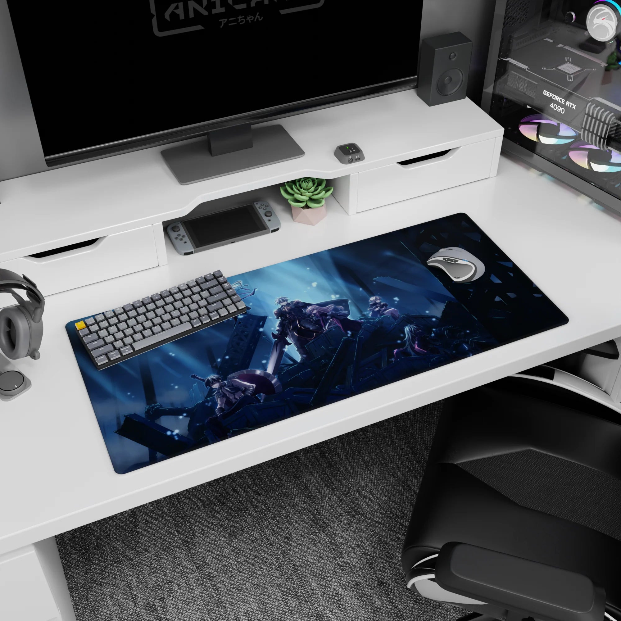 36x16 inches anime desk pad featuring silver-haired warrior with massive sword leading allies on ruins.