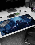 40x20 inches anime desk pad with silver-haired warrior holding a massive blade, flanked by allies in a last-stand pose.