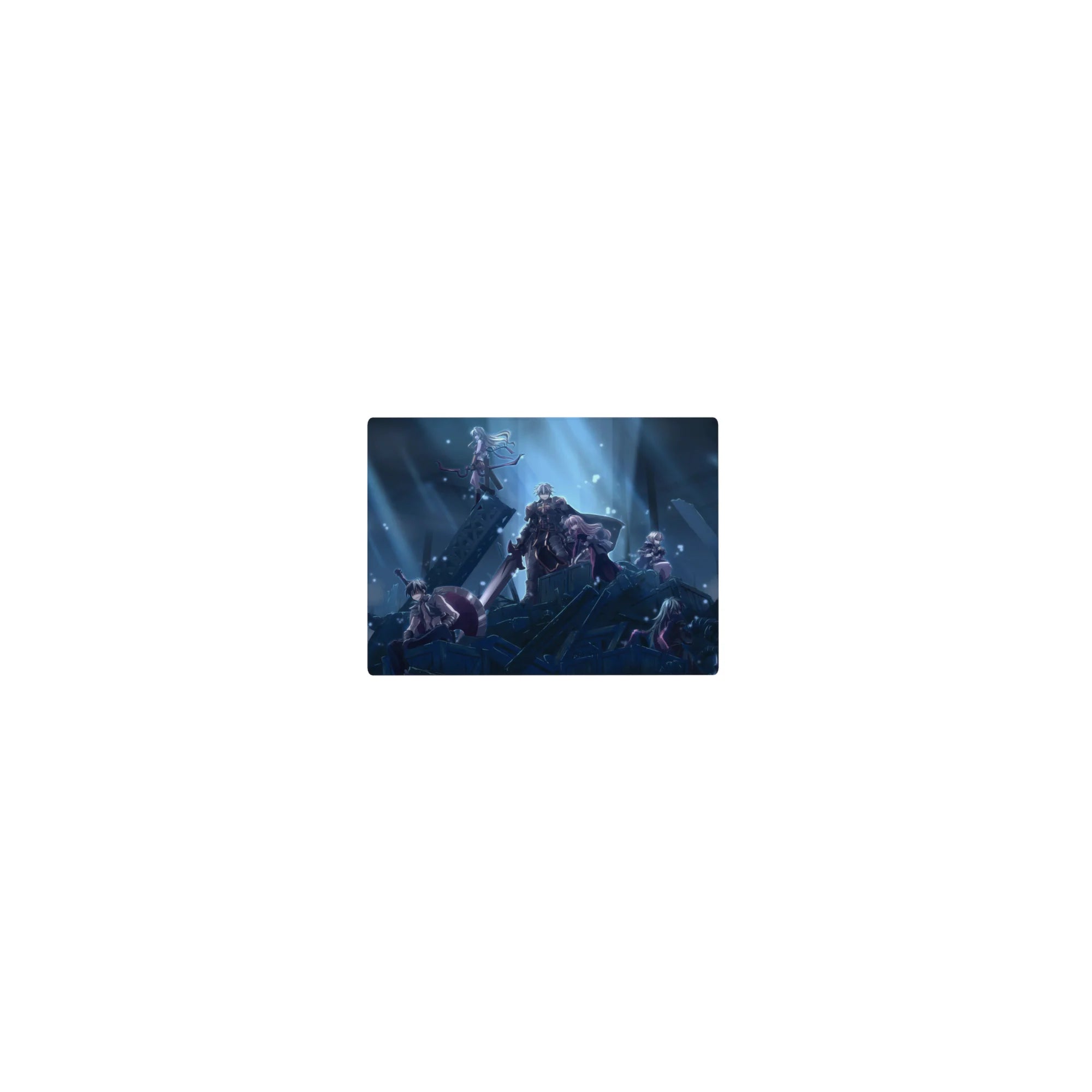 Classic anime mouse pad 14x10 inches with ruined steel skyline, squad on rubble, capes, armor, and sparks.