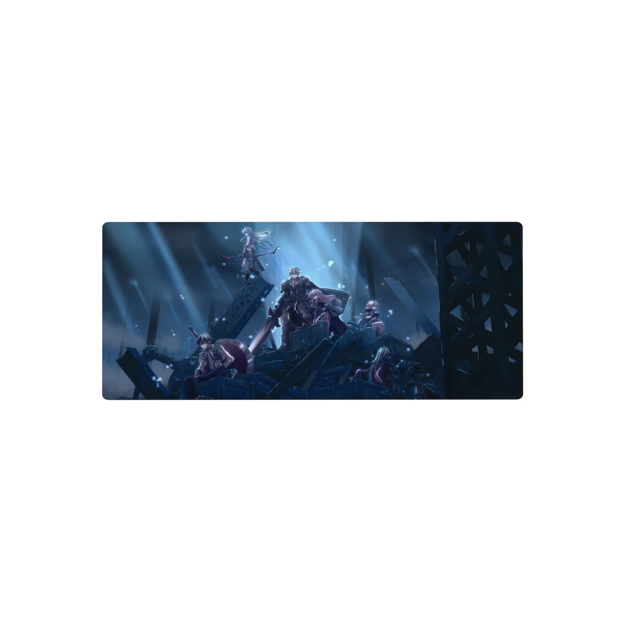 28x12 inches anime mouse pad with ruined steel skyline, squad on rubble, capes and armor, cinematic pose.