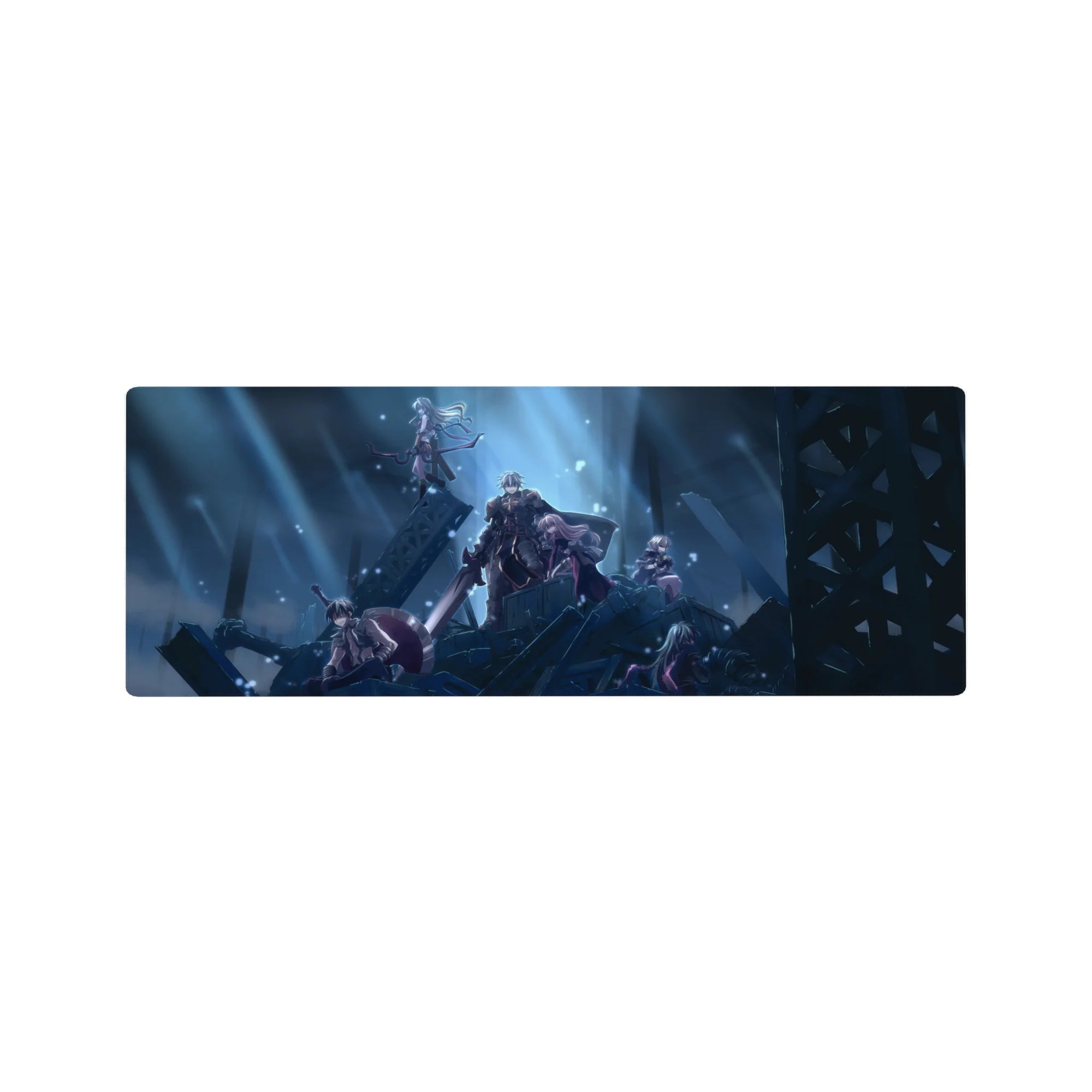 Anime mouse pad 32x12 inches with squad on ruined steel skyline, capes and armor on jagged rubble.