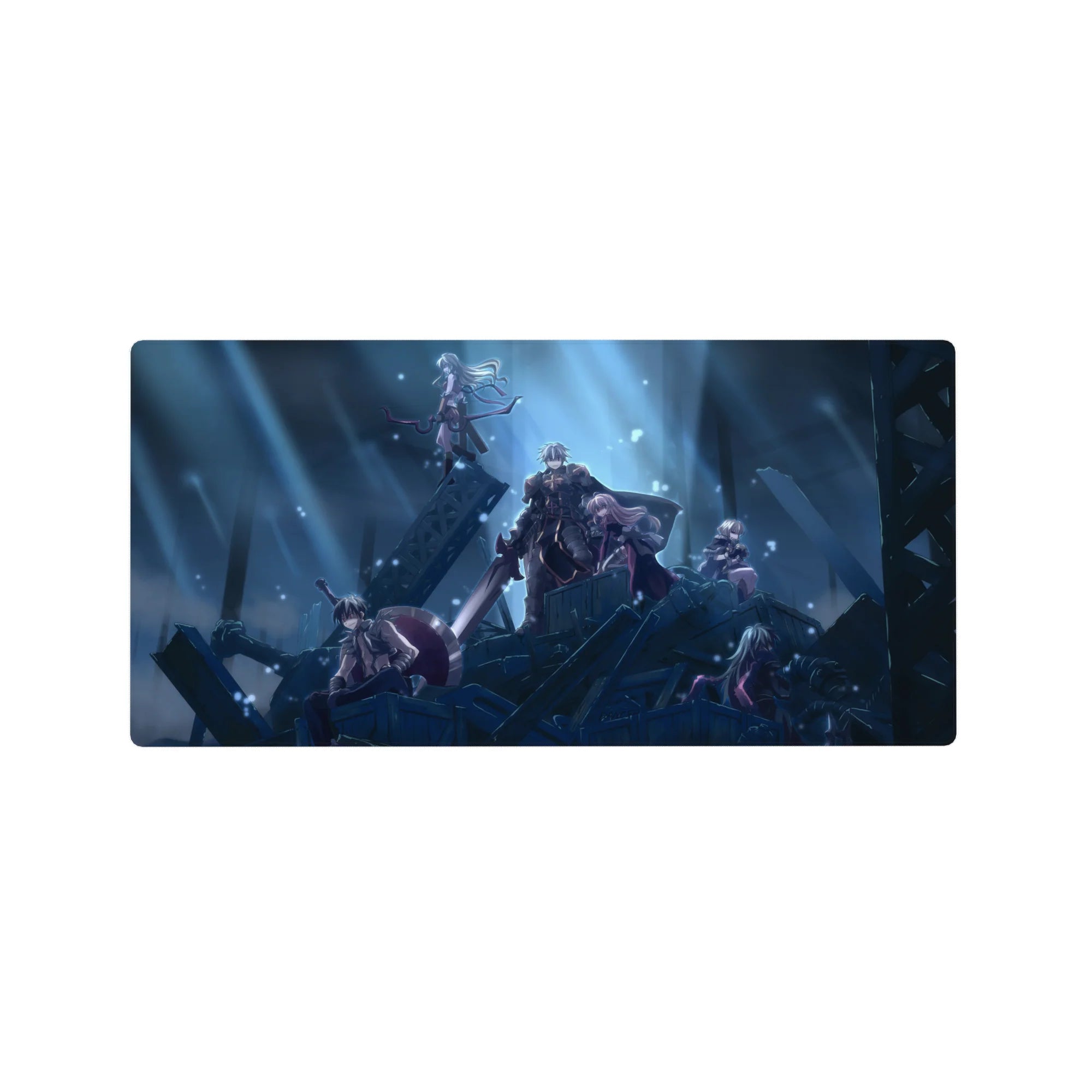 32x16 inches anime mouse pad with ruined steel skyline, squad on rubble, capes, armor, and glowing spotlights.