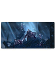 32x16 inches anime mouse pad with ruined steel skyline, squad on rubble, capes, armor, and glowing spotlights.