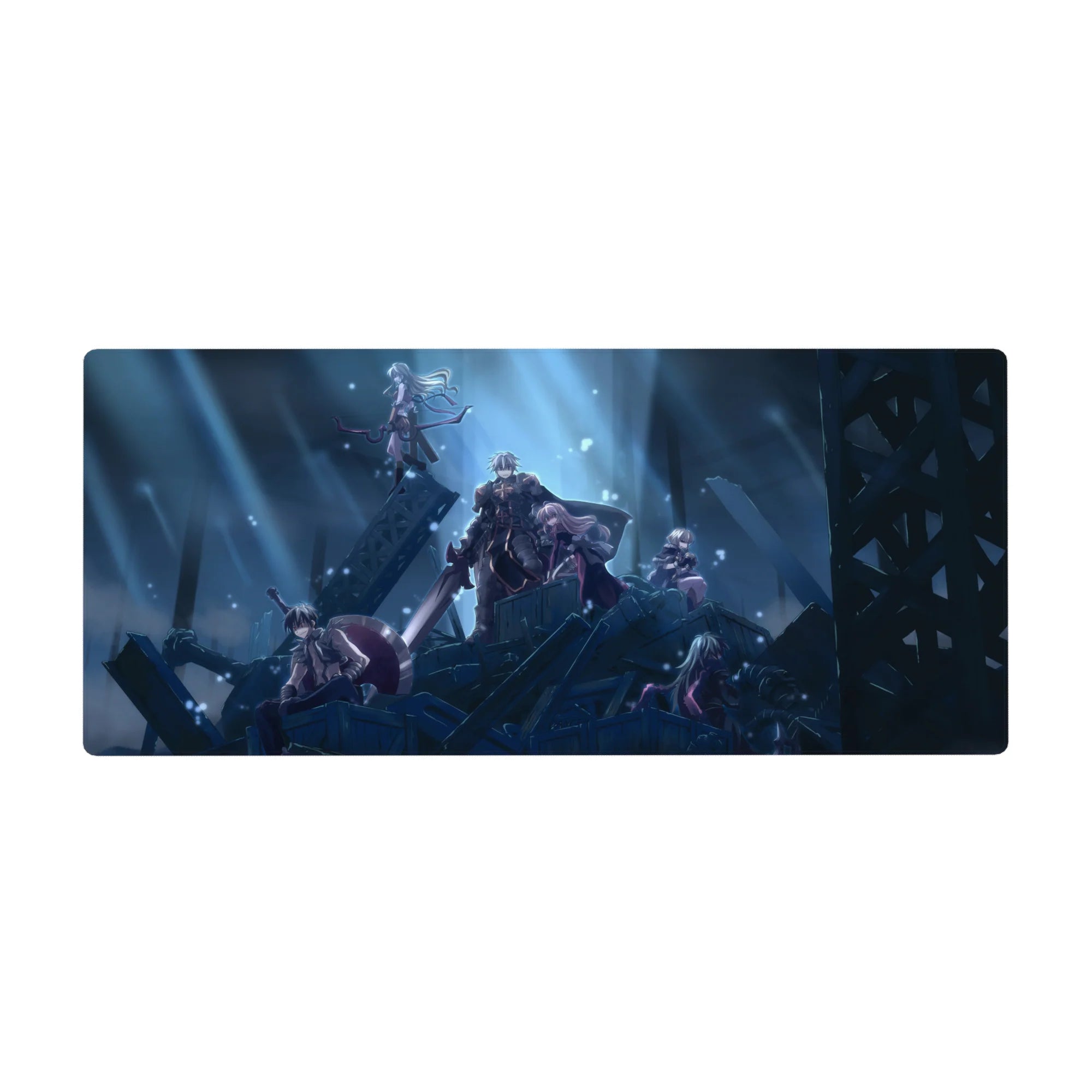 Anime desk pad 36x16 inches with armored squad on rubble under steel skyline, cinematic battle pose.