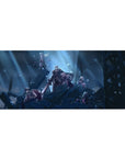 Anime desk pad 36x16 inches with armored squad on rubble under steel skyline, cinematic battle pose.