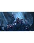 Anime desk pad 40x20 inches featuring a ruined steel skyline and heroic squad on rubble with capes and armor.