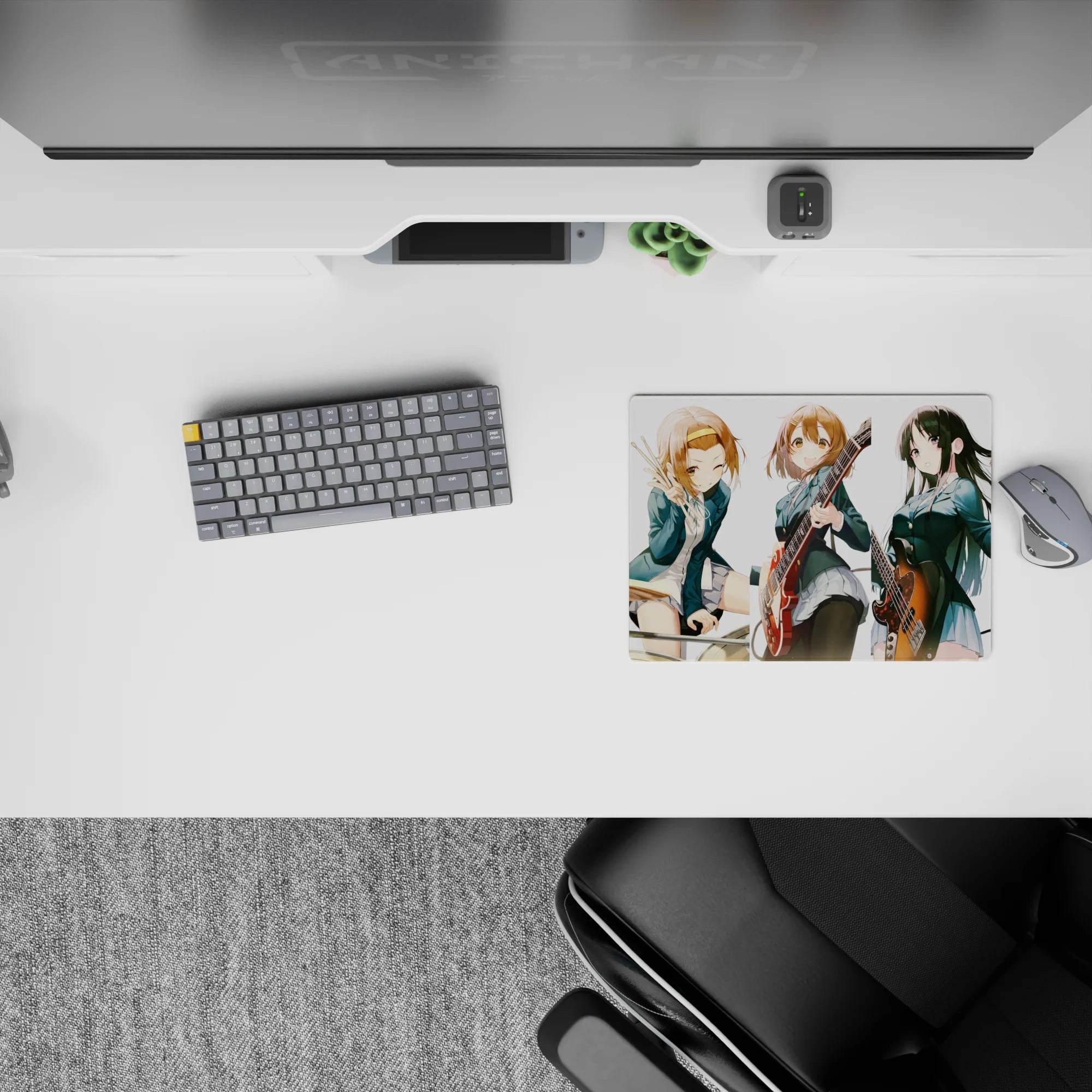 Classic anime girl mouse pad 14x10 inches in teal blazers, warm guitar reds, cozy cheerful vibe.