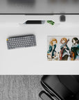 Classic anime girl mouse pad 14x10 inches in teal blazers, warm guitar reds, cozy cheerful vibe.